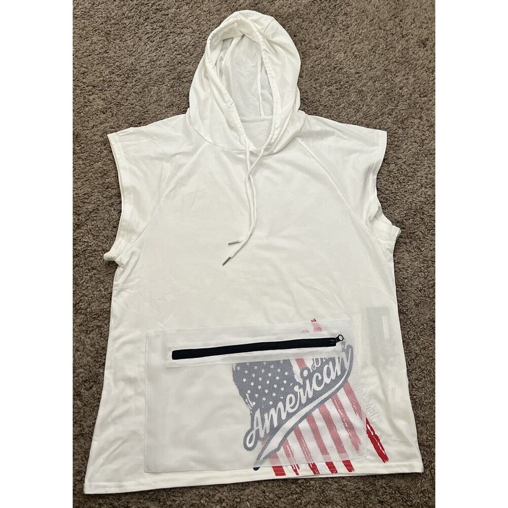 Daupanzees Men's USA Freedom Workout Short Sleeve White Sleeveless Hoodie Medium